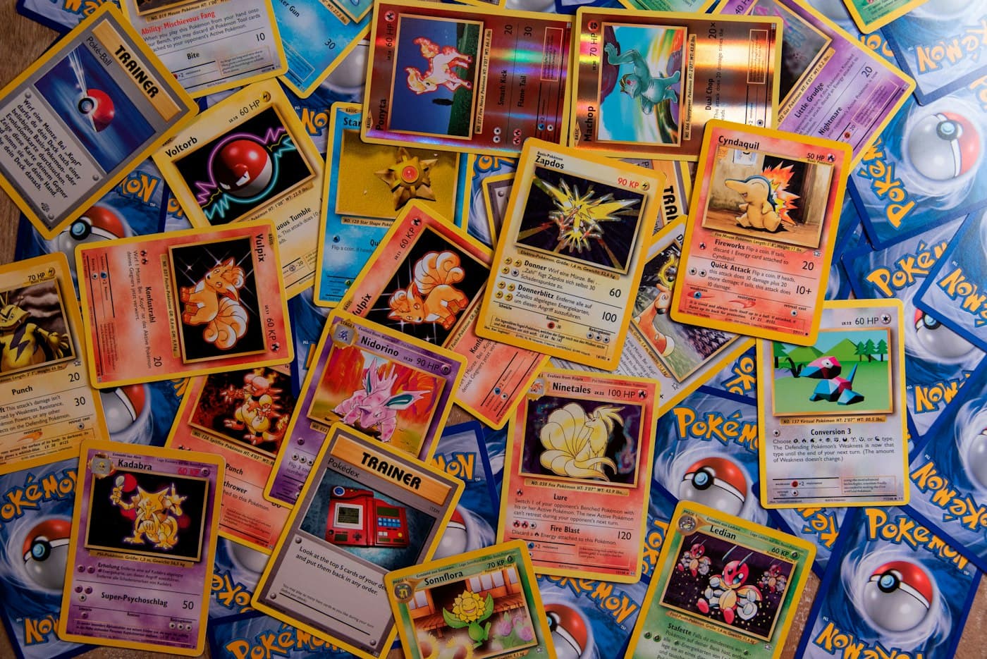 A pile of vintage Pokémon trading cards