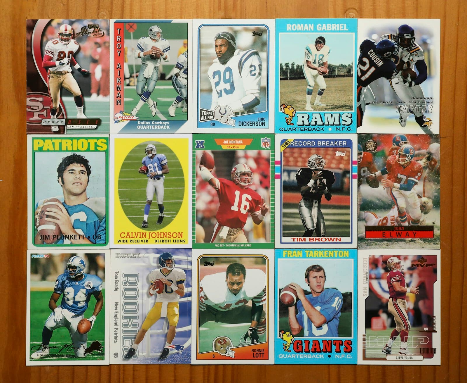 A grid of vintage NFL trading cards