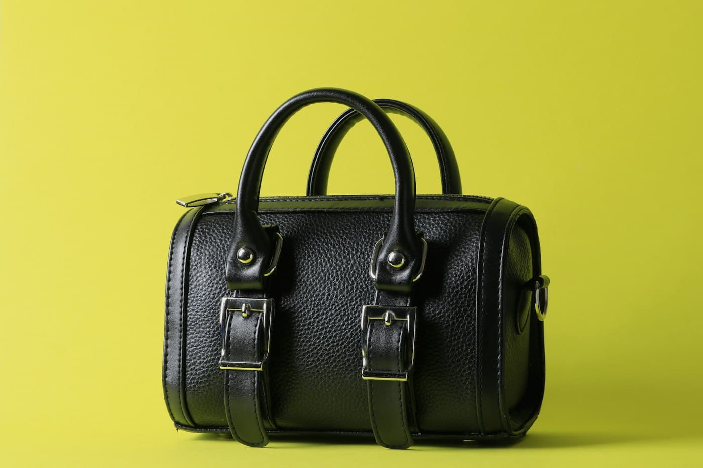 A black leather handbag